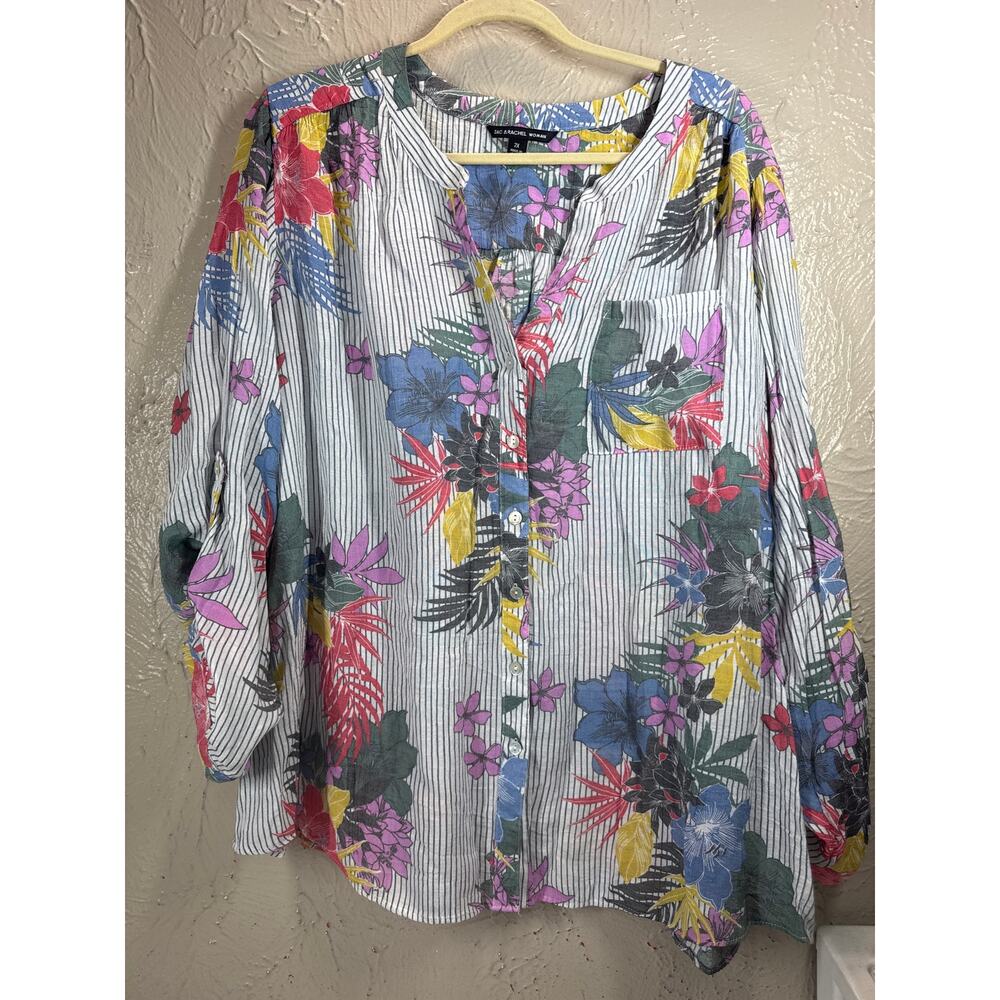 Zac & Rachel Woman Floral Button Down Womens Top Striped Shirt Blouse Size 2X‎